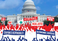 U.S. Capitol gathering with red white and blue people